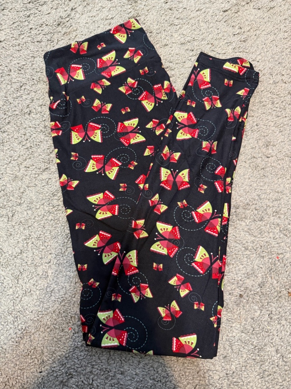LuLaRoe Black Leggings with Red and Yellow Butterfly Motif